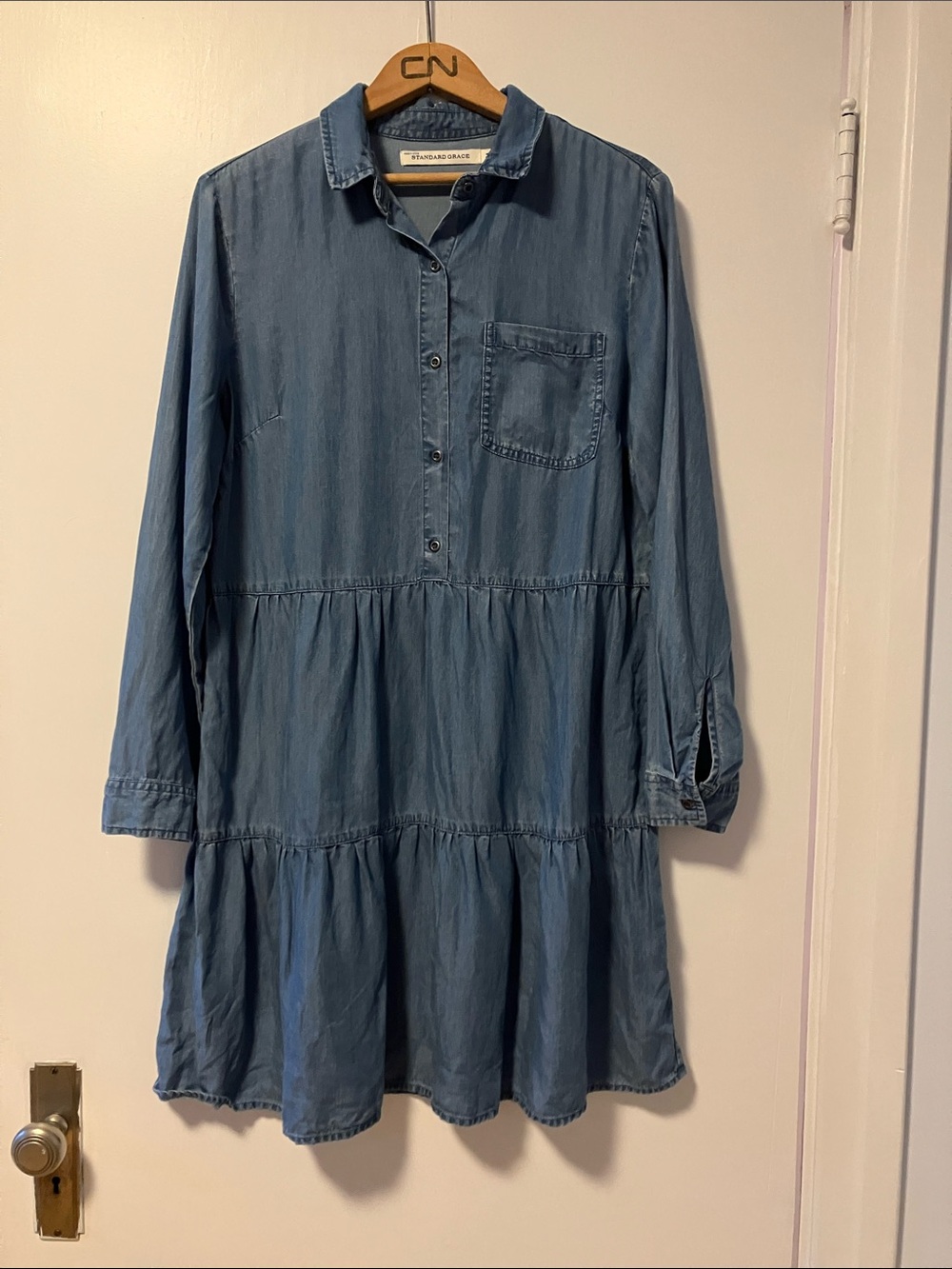 Long Sleeve Tiered Shirt Dress - soft Denim Look